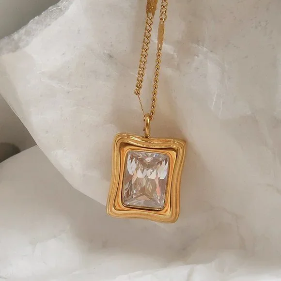 NEW 18K Gold Plated Radiant Cut Diamond Square Pendant Necklace